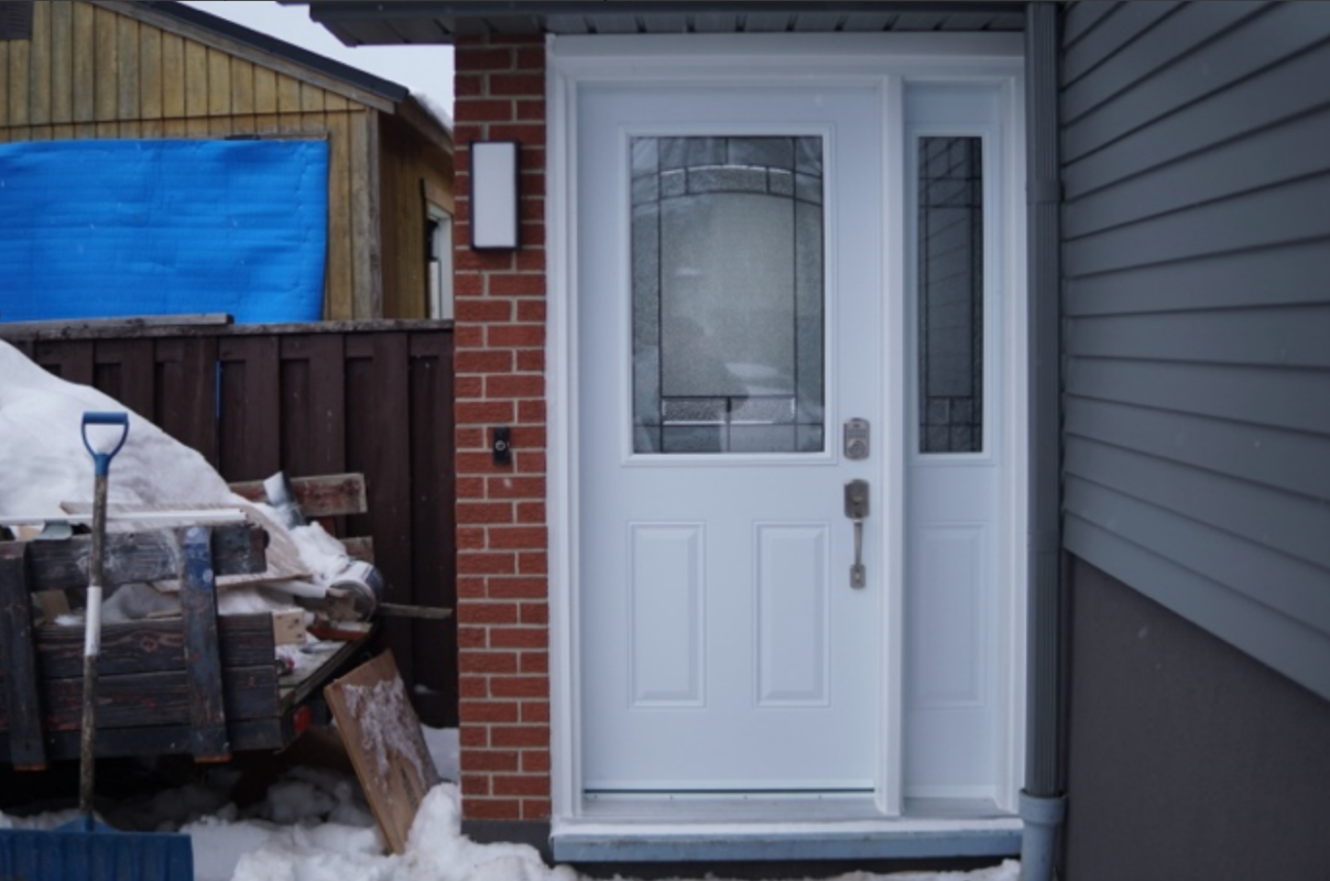 White-modern-front-door-with-sidelight-installation-Richmond-Hill