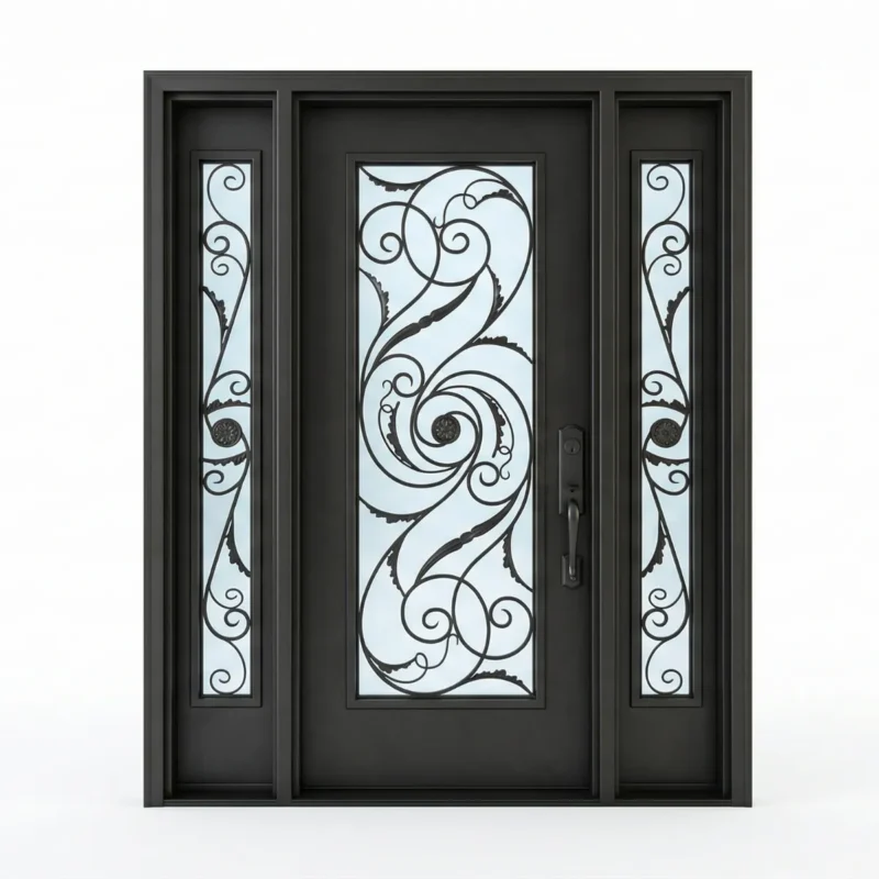 W9 Martina Ornate Wrought Iron Entry Door - Maximum Privacy Sandblasted Glass for GTA Homes