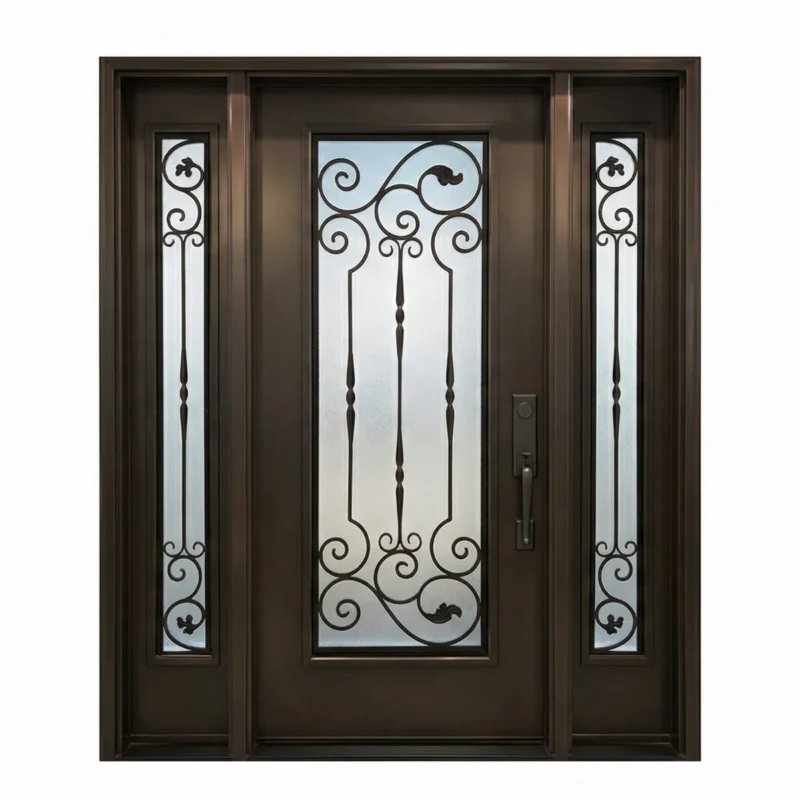 W10 Royalton Wrought Iron Entry Door with Sandblasted Glass
