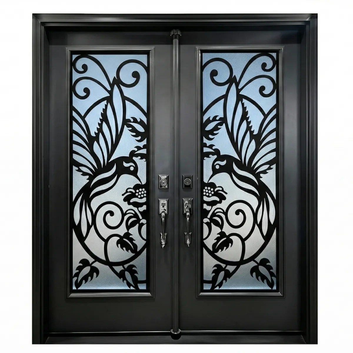 主 W20 Peacock Luxury Wrought Iron Entry Door - Maximum Privacy Acid Etched Glass for GTA Homes