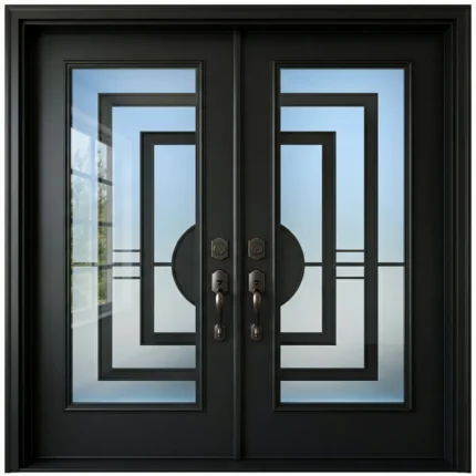 W22 Palace Modern Wrought Iron Entry Door - Maximum Privacy Acid Etched Glass for GTA Homes