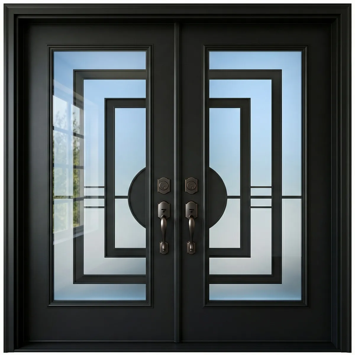 主 W22 Palace Modern Wrought Iron Entry Door - Maximum Privacy Acid Etched Glass for GTA Homes