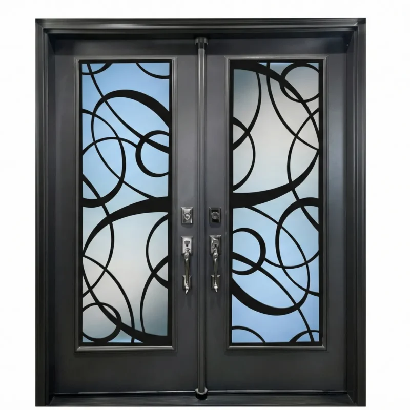 W23 Galaxy Modern Wrought Iron Entry Door - Maximum Privacy Acid Etched Glass for GTA Homes
