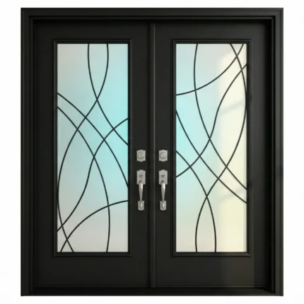 W25 Montage Modern Wrought Iron Entry Door - Maximum Privacy Sandblasted Glass for GTA Homes