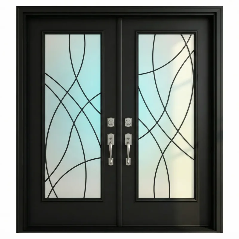 W25 Montage Modern Wrought Iron Entry Door - Maximum Privacy Sandblasted Glass for GTA Homes