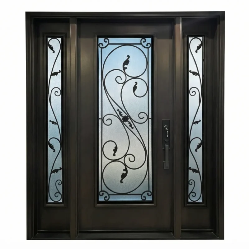 W11 Serafina Ornate Wrought Iron Entry Door - Maximum Privacy Sandblasted Glass for GTA Homes