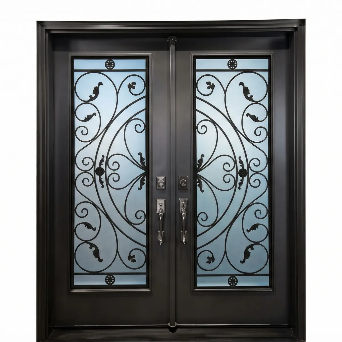主 W13 Julietta Ornate Wrought Iron Entry Door - Maximum Privacy Sandblasted Glass for GTA Homes
