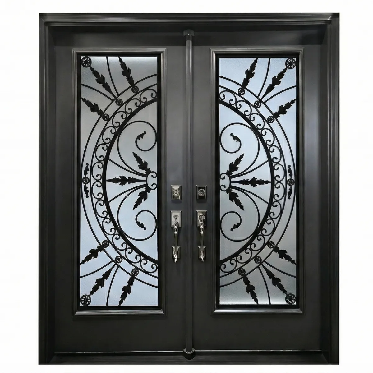 主 W15 Chieftain Ornate Wrought Iron Entry Door - Maximum Privacy Acid Etched Glass for GTA Homes