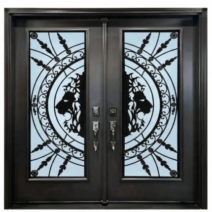 W16 Lion King Luxury Wrought Iron Entry Door - Maximum Privacy Acid Etched Glass for GTA Homes