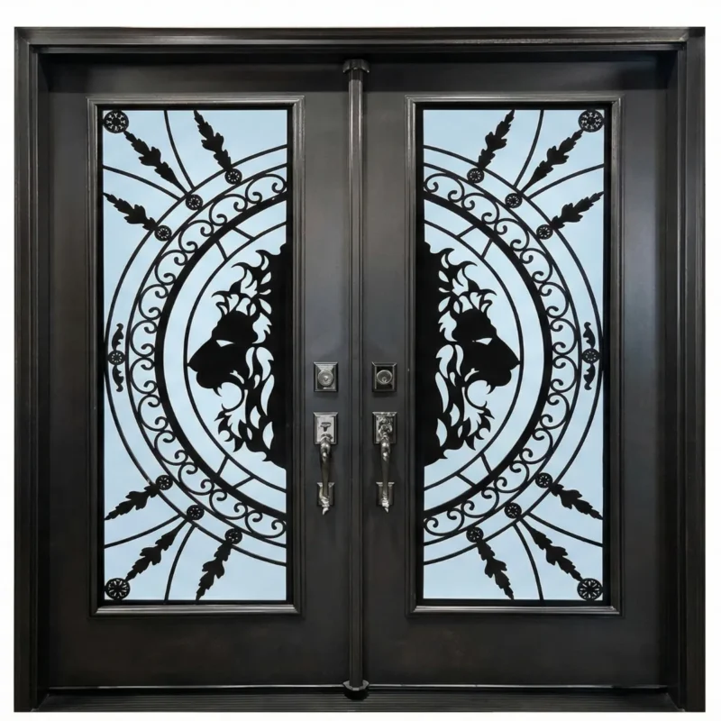W16 Lion King Luxury Wrought Iron Entry Door - Maximum Privacy Acid Etched Glass for GTA Homes
