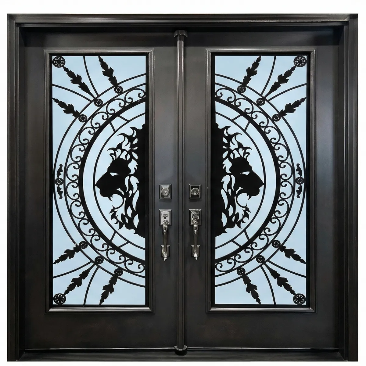 主 W16 Lion King Luxury Wrought Iron Entry Door - Maximum Privacy Acid Etched Glass for GTA Homes