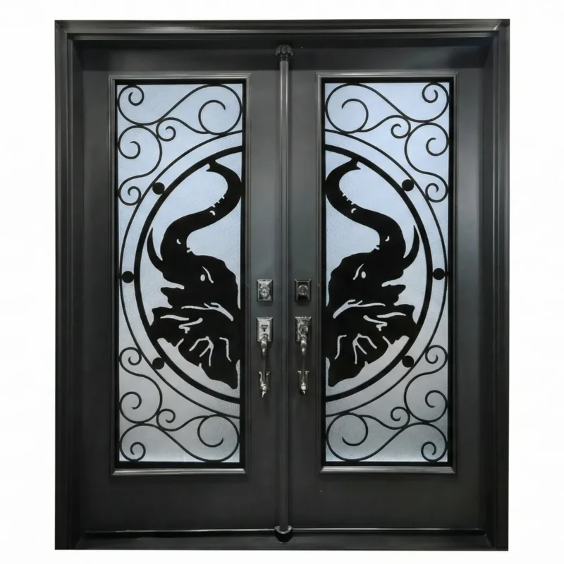 W17 Elephant Luxury Wrought Iron Entry Door - Maximum Privacy Acid Etched Glass for GTA Homes