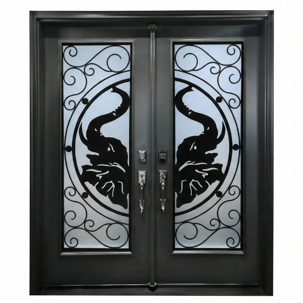 主 W17 Elephant Luxury Wrought Iron Entry Door - Maximum Privacy Acid Etched Glass for GTA Homes