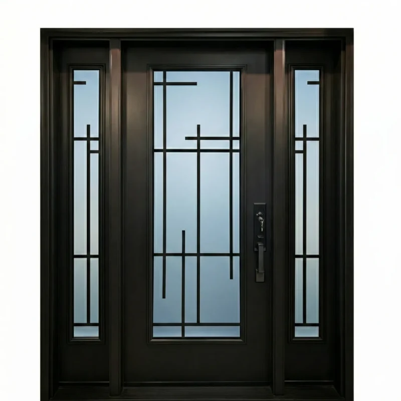W8 Millenia Modern Wrought Iron Entry Door - Maximum Privacy Sandblasted Glass for GTA Homes