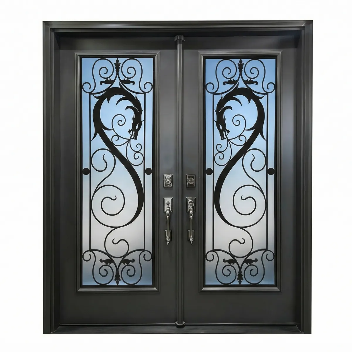 主 W19 Dragon Luxury Wrought Iron Entry Door - Maximum Privacy Acid Etched Glass for GTA Homes