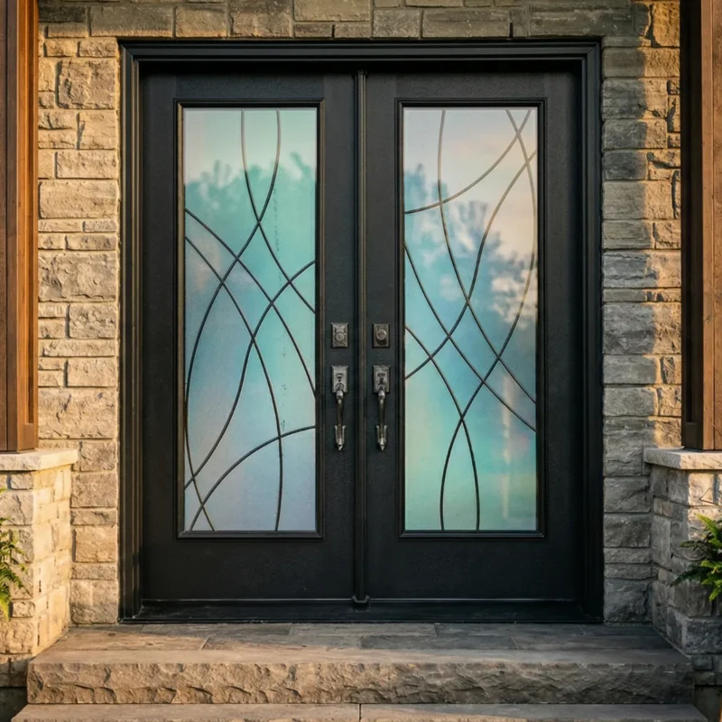 W25 Montage Modern Wrought Iron Entry Door - Maximum Privacy Sandblasted Glass for GTA Homes