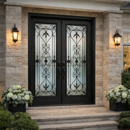 W12 Valentino Ornate Wrought Iron Entry Door - Maximum Privacy Acid Etched Glass for GTA Homes