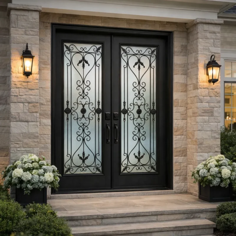 W12 Valentino Ornate Wrought Iron Entry Door - Maximum Privacy Acid Etched Glass for GTA Homes