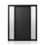Modern black fiberglass entry door with vertical decorative glass lite and contemporary design