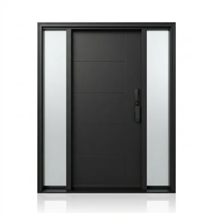Modern black fiberglass entry door with vertical decorative glass lite and contemporary design