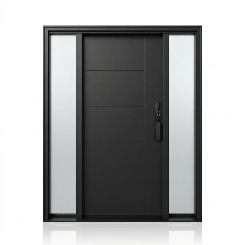 Modern black fiberglass entry door with vertical decorative glass lite and contemporary design