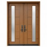 F48 fiberglass double entry door with slim vertical glass inserts and contemporary panel design