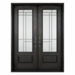 F54 fiberglass double entry door with black woodgrain finish and decorative glass panels