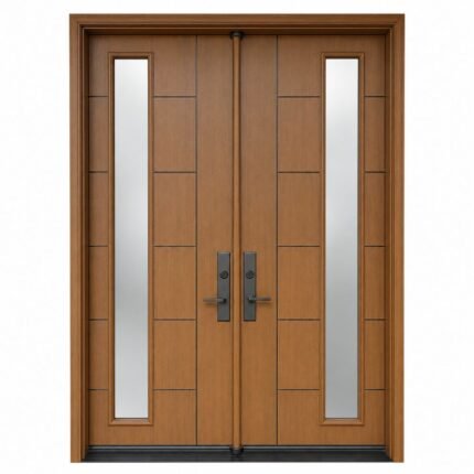 F48 fiberglass double entry door with slim vertical glass inserts and contemporary panel design