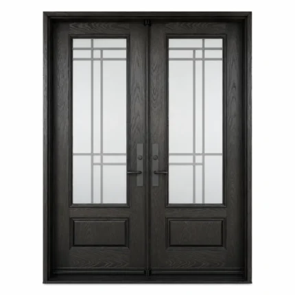 F54 fiberglass double entry door with black woodgrain finish and decorative glass panels