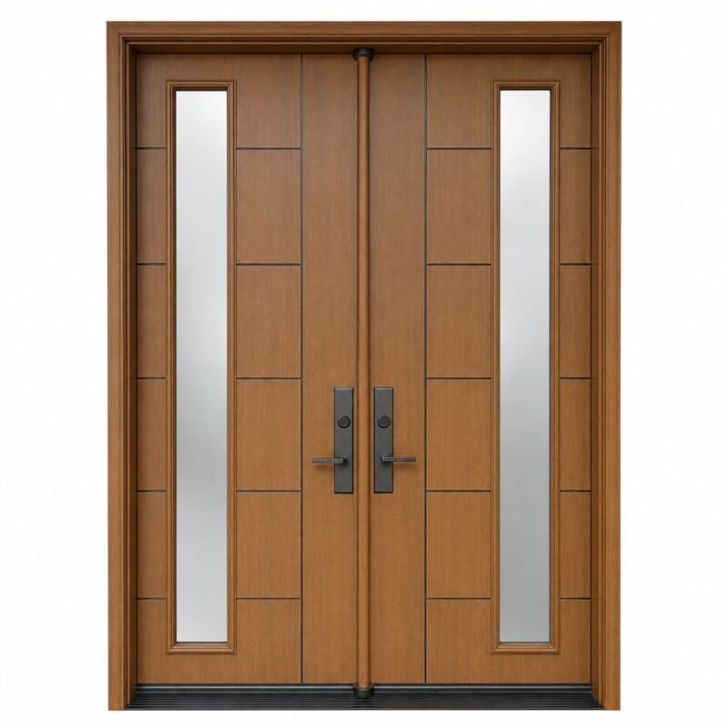 F48 fiberglass double entry door with slim vertical glass inserts and contemporary panel design