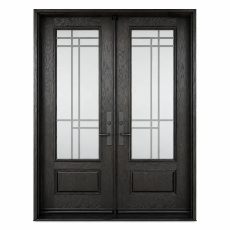 F54 fiberglass double entry door with black woodgrain finish and decorative glass panels