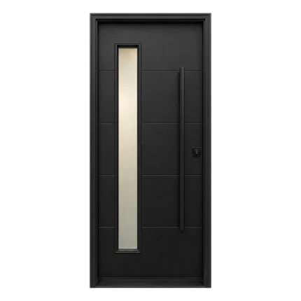 F43 fiberglass entry door with slim vertical glass insert and long pull handle