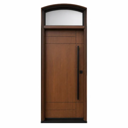F41 fiberglass entry door with arched transom and modern woodgrain-style design
