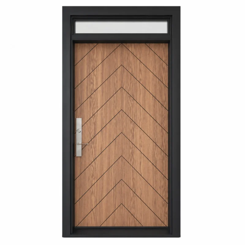 F40 fiberglass entry door with chevron pattern and top transom window