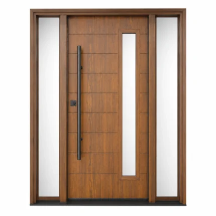 F39 fiberglass entry door with double sidelites and vertical glass insert