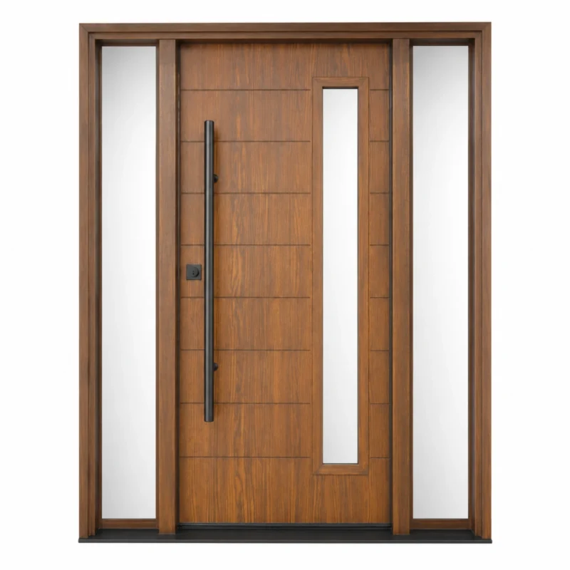 F39 fiberglass entry door with double sidelites and vertical glass insert