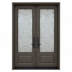 F49 fiberglass double entry door with decorative glass and raised lower panels