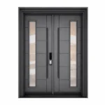 F35 fiberglass double entry door with slim vertical glass inserts and modern pull handles
