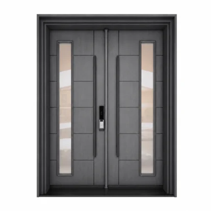 F35 fiberglass double entry door with slim vertical glass inserts and modern pull handles