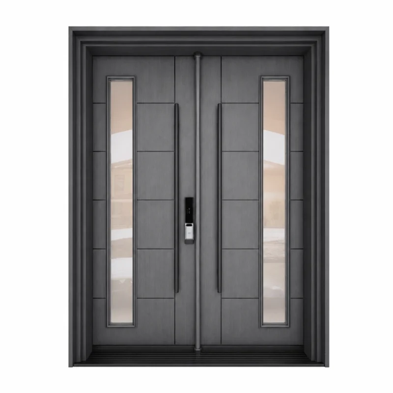 F35 fiberglass double entry door with slim vertical glass inserts and modern pull handles