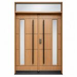 F47 fiberglass double entry door with transom and slim vertical glass inserts