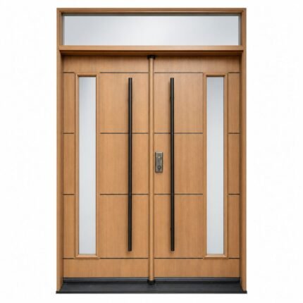 F47 fiberglass double entry door with transom and slim vertical glass inserts