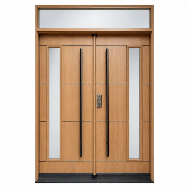 F47 fiberglass double entry door with transom and slim vertical glass inserts
