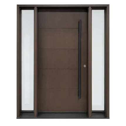 F33 fiberglass entry door with double sidelites and horizontal panel design