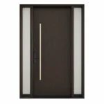 F30 fiberglass entry door with double sidelites and dark woodgrain design