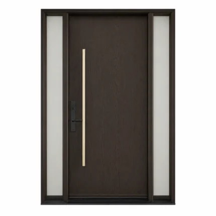 F30 fiberglass entry door with double sidelites and dark woodgrain design