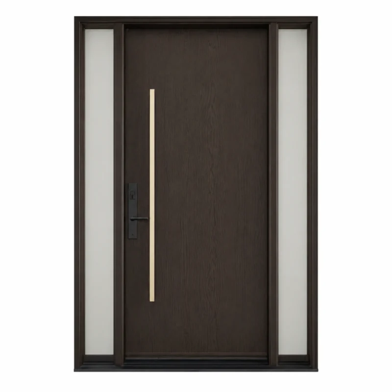 F30 fiberglass entry door with double sidelites and dark woodgrain design