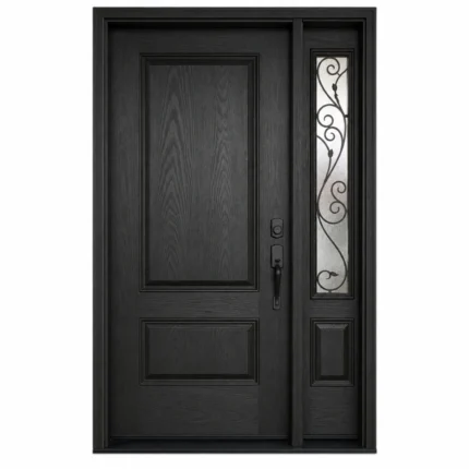 F27 fiberglass entry door with decorative right sidelite and raised panel design