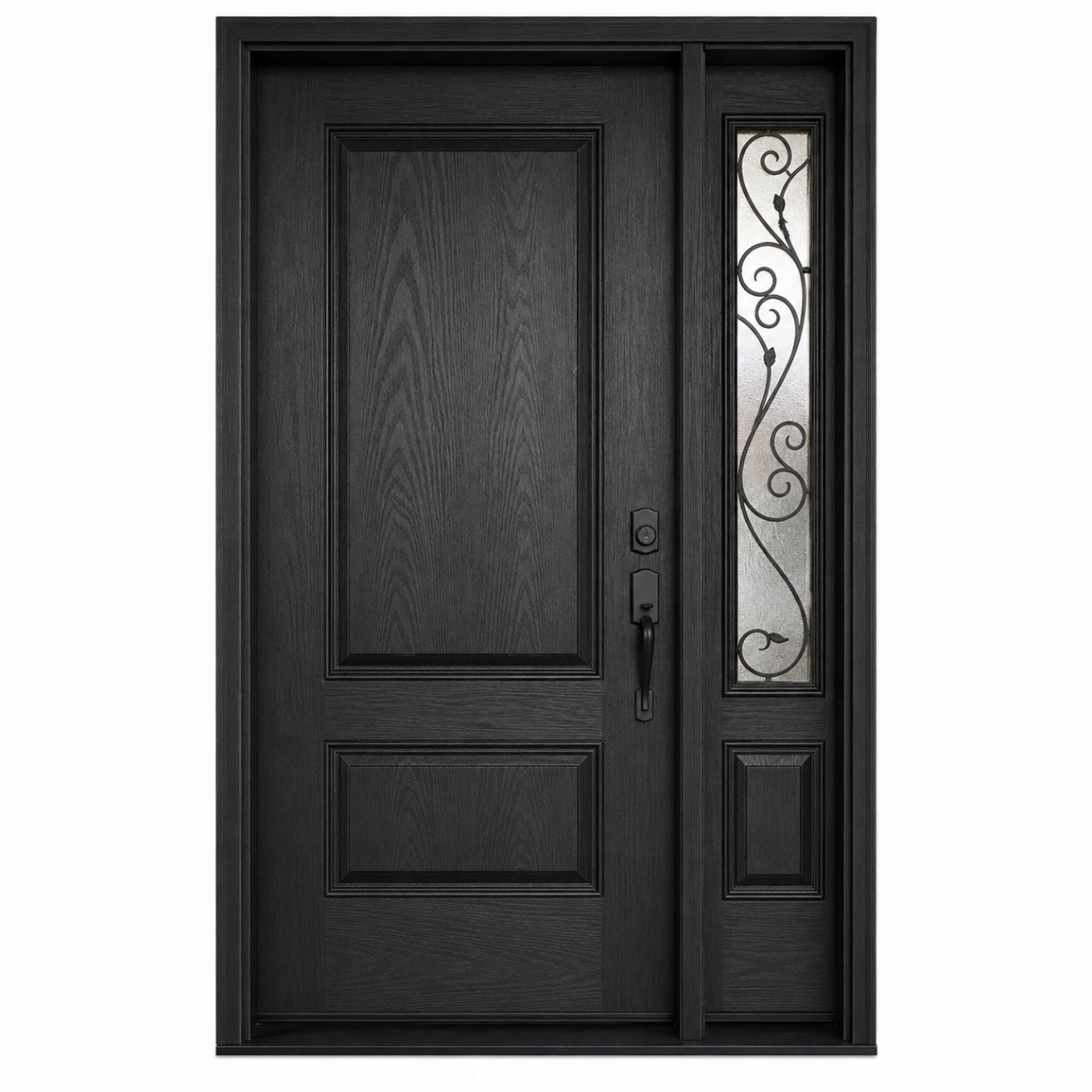 1 F27 fiberglass entry door with decorative right sidelite and raised panel design