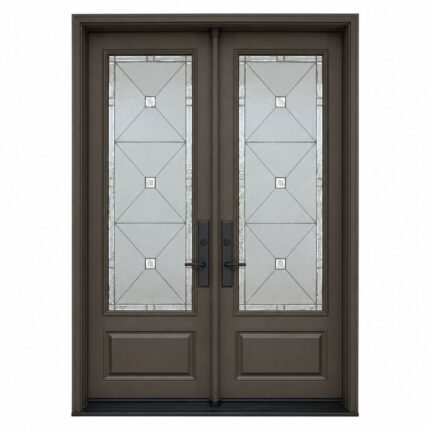 F49 fiberglass double entry door with decorative glass and raised lower panels